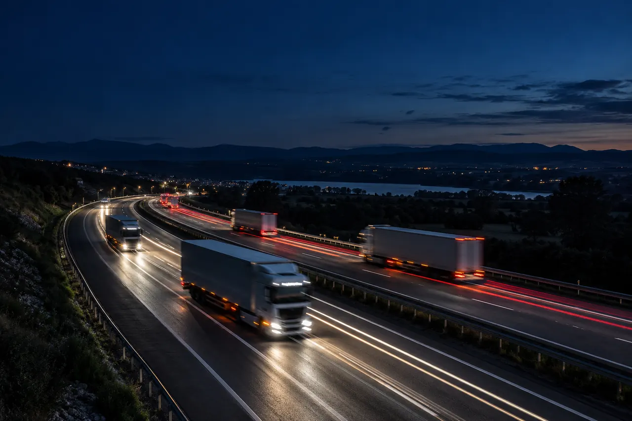 Camiones en una autopista de noche, con las luces convertidas en estelas.